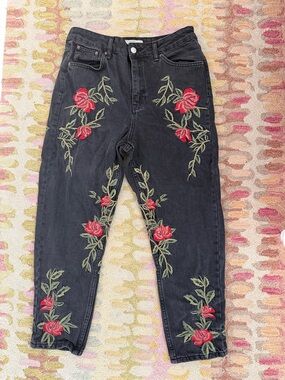 Topshop Black High-Rise Jeans with Red Rose Embroidery